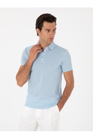 Buz Mavisi Slim Fit Polo Yaka Pamuklu Basic T-shirt Acık Mavı