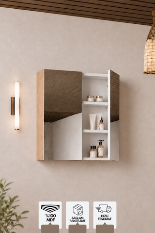 Milano 80 Cm, Banyo Dolabı, Üst Modül, Aynalı Dolap, Atlantis Meşe Beyaz - Sonomo