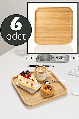 6 Adet Gourmet Kare Bambu Kahvaltı Tabağı Pasta Servis Sunum Tepsi İkramlık Ahşap Tabak 25x25 Seti