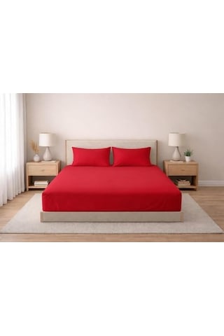 Septumium%100 Pamuklu Lastikli Çarşaf, Kırmızı, 2 Yastık Kılıfı Dahil 120x200 50 x 22
