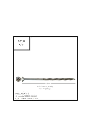 Dübel-vida Seti, Gaz Beton Ytong Dübeli 10 Mm, 6,0x120 Yhb Sunta Vidası, 10 Adet