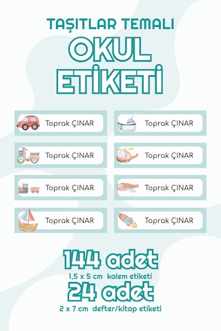 Taşıtlar Temalı Isimli Okul Etiketi Defter Kitap Sticker Seti