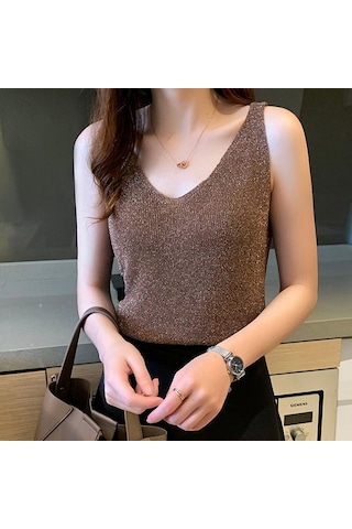 Kahve Kadın Buz Ipek Elmas Kaşkorse Kadın Gevşek Kısa Kolsuz Vahşi V Yaka Dibe Gömlek Tankı Yaz Camiş Ve Tank Üstleri