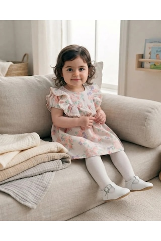 Tuffy Kız Bebek Desenli Müslin Bej Elbise Yazlık Rahat Model