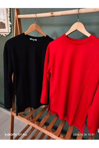 Trendall Siyah Renk Yırtmaç Detaylı Uzun Kollu Bisiklet Yaka Tshirt