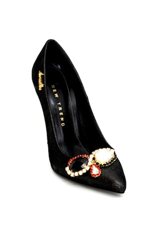 Stiletto Siyah Taşlı Hakiki Deri Bayan Ayakkabı-37 Siyah