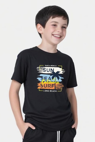 Panios Kids California Sun Baskılı Erkek Çocuk Kısa Kollu Yuvarlak Yaka T-shirt Siyah