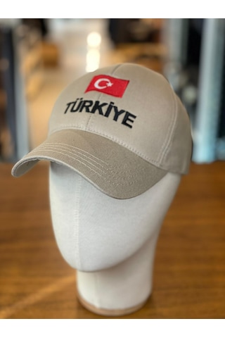Türkiye Bayrak Nakışlı Pamuklu Unisex Cap Şapka Bej