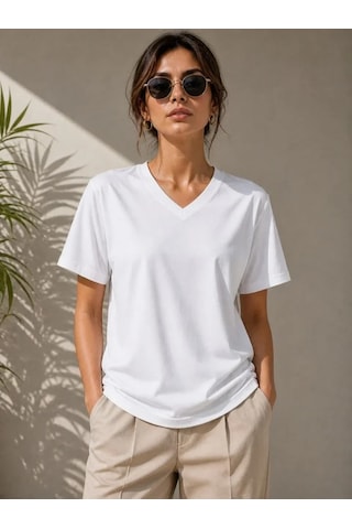 Defymoda V Yaka Basic Tişört Kısa Kol Yazlık Regular Fit T-shirt - Beyaz