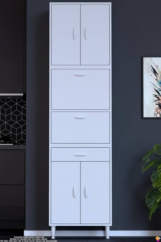 Alp 60 Cm Çekmeceli Erzak Dolabı - Çok Amaçlı Banyo Kiler Mutfak Antre Depolama Dolabı 60x226x32 Cm Beyaz