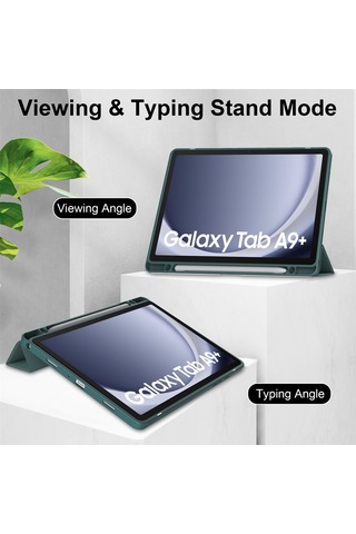 Youtek Samsung Galaxy Tab A9 Ve A9 Plus İçin Üç Katlanır, Kalem Yuvası Ve Uyandırma Fonksiyonlu Koyu Yeşil Tablet Kılıfı
