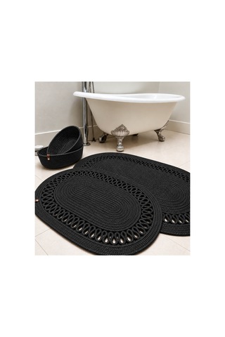 Oval Örgü Banyo Paspası Hasır Görünümlü Dekoratif Kaymaz Banyo Paspası 2 Adet Dekoratif Kutu Hediye Siyah Siyah