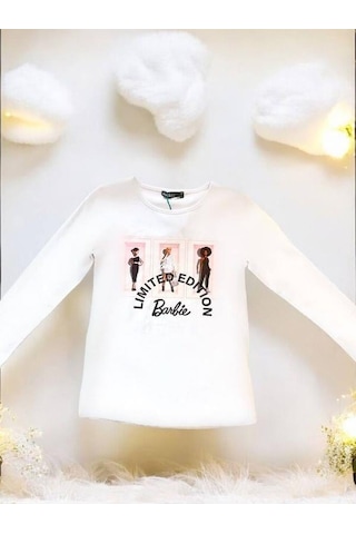Zekids Kız Çocuk Pamuklu Mevsimlik İnce Uzun Kol Barbie Tshirt-14474 Beyaz