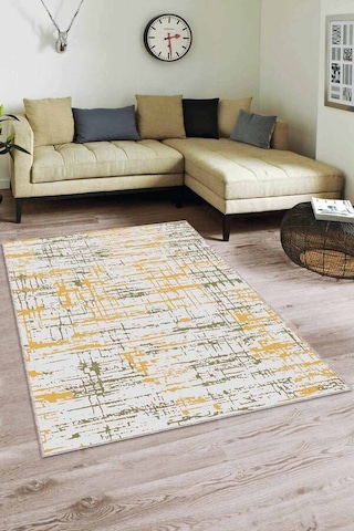 Sarı Yeşil Vintage Kaymaz Tabanlı Dekoratif Halı Es04n11 Sarı - Yeşil