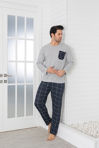 Sude Homewear Erkek Ekoseli Cepli Uzun Kollu Pijama Takımı Gri