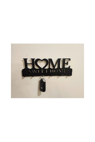 Alvera Home Sweet Home Yazılı Anahtarlık Duvar Askısı Kalpli Anahtar Askısı Siyah