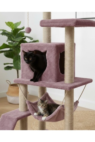 Pet S9 Kedi Tırmalama Kulesi Platformlu 124 Cm Gül Kurusu