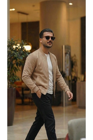 Efnaz Style Erkek Scuba Süet Kumaş Bomber Hırka Taba