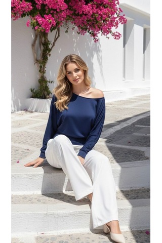 Kadın Kayık Yaka Bluz Sweat Lacivert