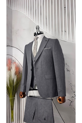 Dupont Classics Dupont Erkek Slim Fit Yelekli Takım Elbise 6 Drop Çift Yırtmaç Gri