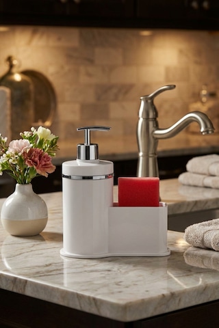 Makri Home Mutfak Veya Banyo İçin Şık Gümüş Detaylı Süngerlikli Sıvı Sabunluk , Yerli Üretim Beyaz