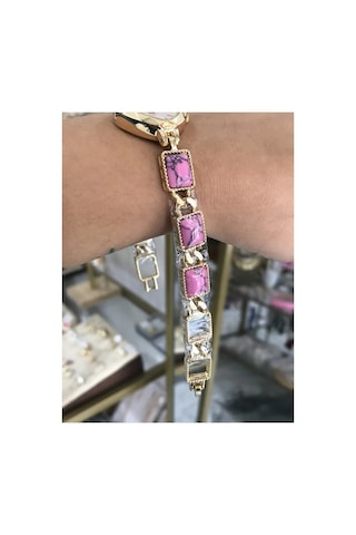 Pembe Desenli Boncuk Detaylı Kadın Saat Altın