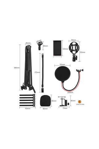 Padalink Siyah Çok Fonksiyonlu Masaüstü Mikrofon Stant Seti - Katlanabilir Tutucu, Darbe Emici, Pop Filtresi Ve Ek Aksesuarlar İle Canlı Yayın, Öğretim, Mikrofon Kullanımları İçin Uygun