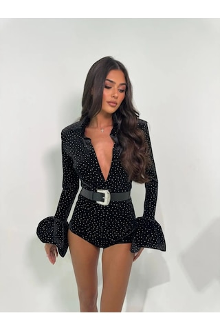Kessia Taşlı Kemerli Tulum Siyah