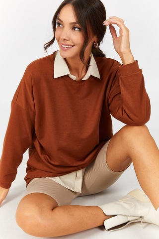 Armonika Kadın Camel Yuvarlak Yaka Oversize Sweatshirt Arm-22k024027