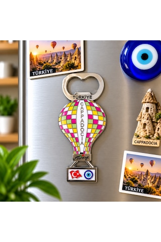 Kapadokya Balon Model Metal Şişe Açacağı Buzdolabı Magneti Türkiye Temalı Hediyelik Dekoratif Magnet Açık Yeşil