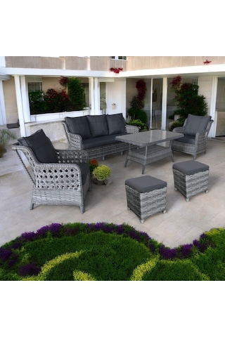 Monalin Home Garden I Elite 7 Kişilik Oturma Takımı Gri I Rattan El Örgüsü Bahçe Mobilyası Antrasit - Gri