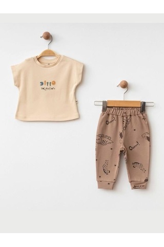 Erkek Bebek Kapüşonlu Dinazor Baskılı 3lü Eşofman Takım-15469 Kahverengi