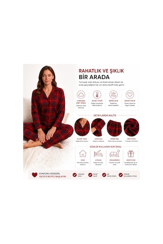 Westicgiyim Kadın Süet Pijama Takımı Kırmızı Ekose Desenli Uzun Kollu Düğmeli Yumuşak Dokulu Kışlık S/m-2xl