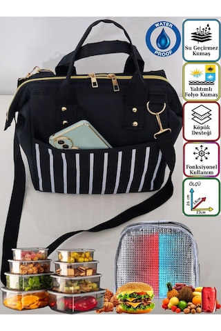 Sıcak, Soğuk Isı Yalıtımlı Termal Termoslu Yemek, Mama, Beslenme, Gıda İçin Askılı Taşıma Çantası Altın - Siyah