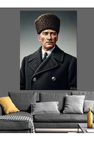 Siyah Kalpaklı Atatürk Portresi Dekoratif Kanvas - Mdf Ahşap Tablo