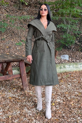 Haki Kruvaze Yaka, Kapüşonlu, Çift Cepli, Beli Kemerli, Uzun Kaşe Kaban Astarsız Haki