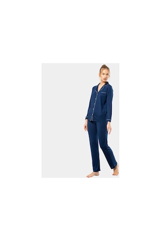 Türen Düz Uzun Kollu Gömlek Yaka Pijama Takım 3365/lacivert 001