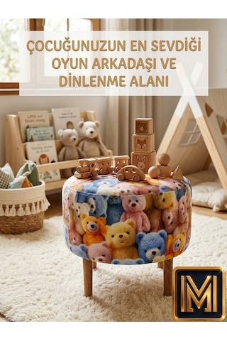 Diday Ayıcık Puf Trend Puf F Koltuk Puff Bench Dekoratif Bohem Doğal Gürgen Ayak Çocuk Odası Tabure Çok Renkli