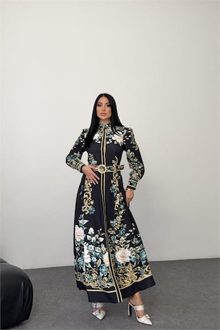 Neşeli Butik Kadın Siyah Hakim Yaka Çiçek Desenli Maxi Boy Tasarım Elbise Nbms2653 Siyah