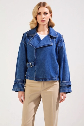 Benerly Kadın Oversize Düşük Kol Ceket Yaka Denim Blazer %100 Pamuk Fonks mavi