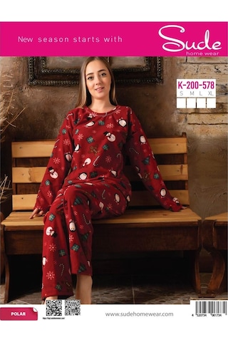 Sude K-200-578 Kadın Genç Polar Yılbaşı Temalı Pijama Takımı Kahverengi