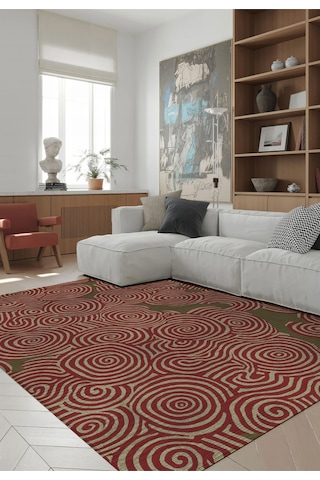Porto 80 Yeşil Bordo Soyut Desenli Halı Tasarım Modern Oturma Odası İnce Yazlık Ev Oda Salon Halısı