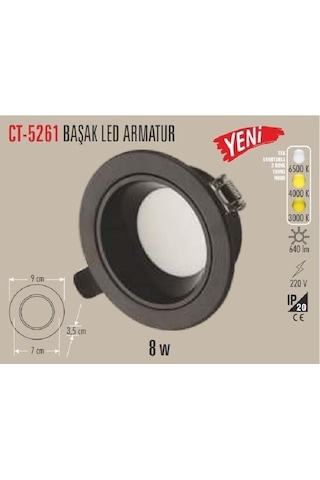Cata Ct-5261 8w Başak Led Armatür Siyah Kasa 6 adet 3 Renk Siyah