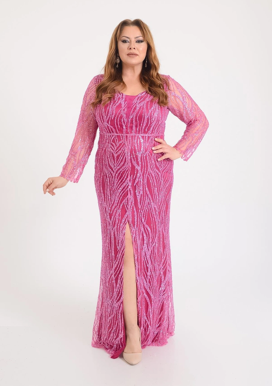 Lilas Xxl Büyük Beden Glitter Baskı Fuşya Renkli Uzun Kollu Uzun Abiye Elbise Fuşya