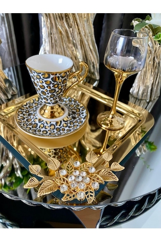 Atabey Home Collection 6'lı Kahve & Çay & Sunum Tepsisi Gold Lüx Kristalize Taşli Model