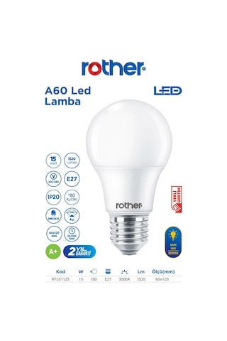 Rtl01125 Rother A60 Led Ampul 15w E27 1520 Lümen 3000k Sarı Işık - Enerji Tasarruflu Ampul