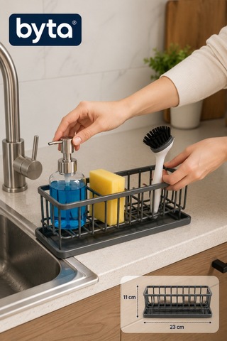 Lavabo Düzenleyici Mutfak Evye Üstü Sünger Ve Deterjan Organizeri Metal Gri 23x11 Cm Gri