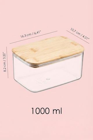 Bambu Kapaklı Dikdörtgen 4 Lü Hava Geçirmez Gıda Saklama Kabı Seti 1 Litre Contalı Erzak Kabı Şeffaf