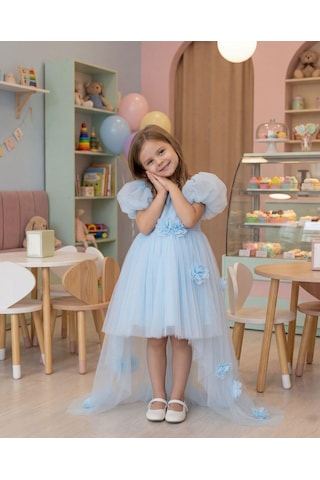 Miss Liva Kız Çocuk Kuyruklu Tüllü Çiçek Detaylı Abiye Elbise Bebe Mavi 2-6 Yaş Bebe Mavi