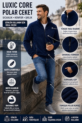 Luxıc Core Erkek Peluş Mont Slim Fit Dik Yaka Fermuarlı Cepli Günlük Spor Ceket Lacivert